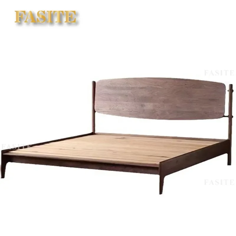 For Nordic Simple Black Walnut All Solid Wood Double Bed Retro Master Bedroom Queen Size High Backrest Suspension Modern Log