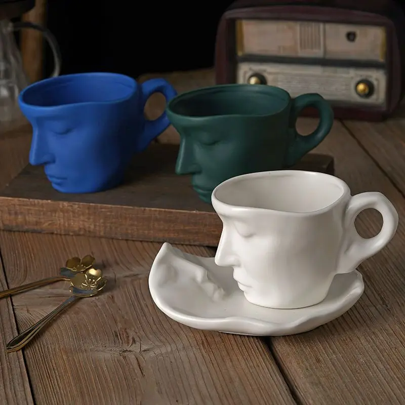 Retro-Keramik-Kaffeetasse, Skulptur-Serie, Paar-Tasse 260ml, mattes Tassen- und Untertassenset