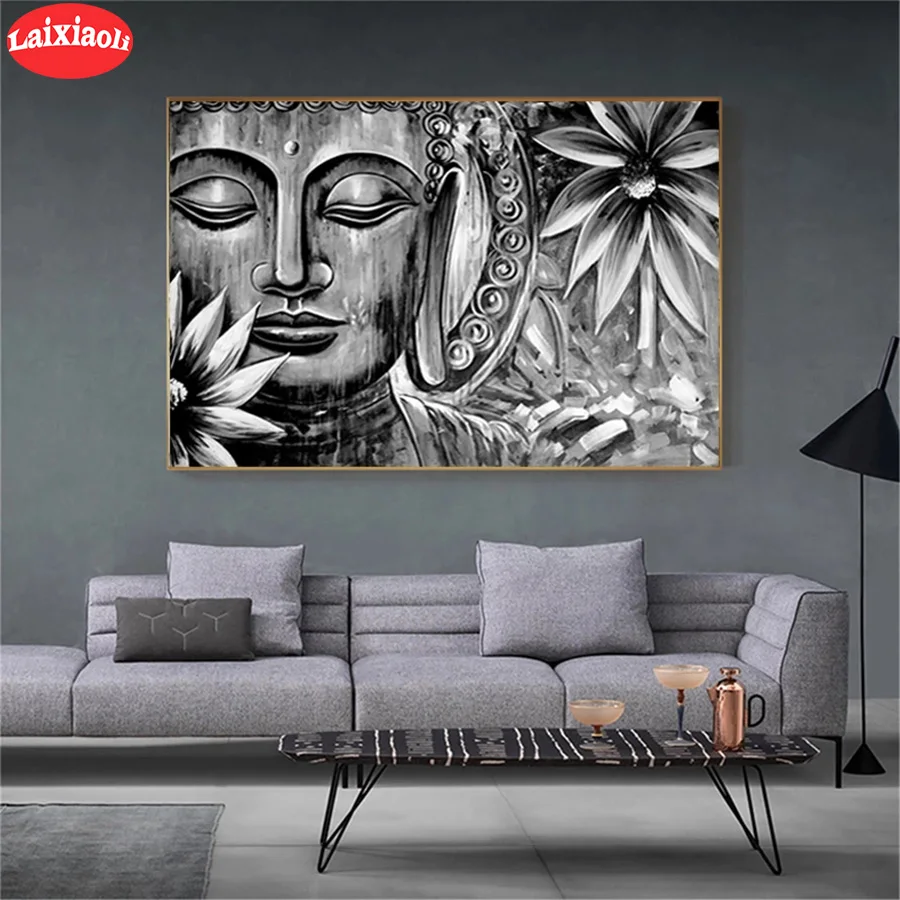 

full drill square Crystal Paintings Abstract black and white art, religious Buddha statue, flower Diamond Embroidery Decor