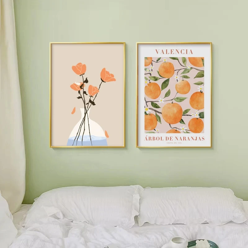 Fondo de restaurante de estilo minimalista nórdico, pared, porche, lienzo impreso, pintura, hojas de frutas, flores, decoración moderna para el hogar