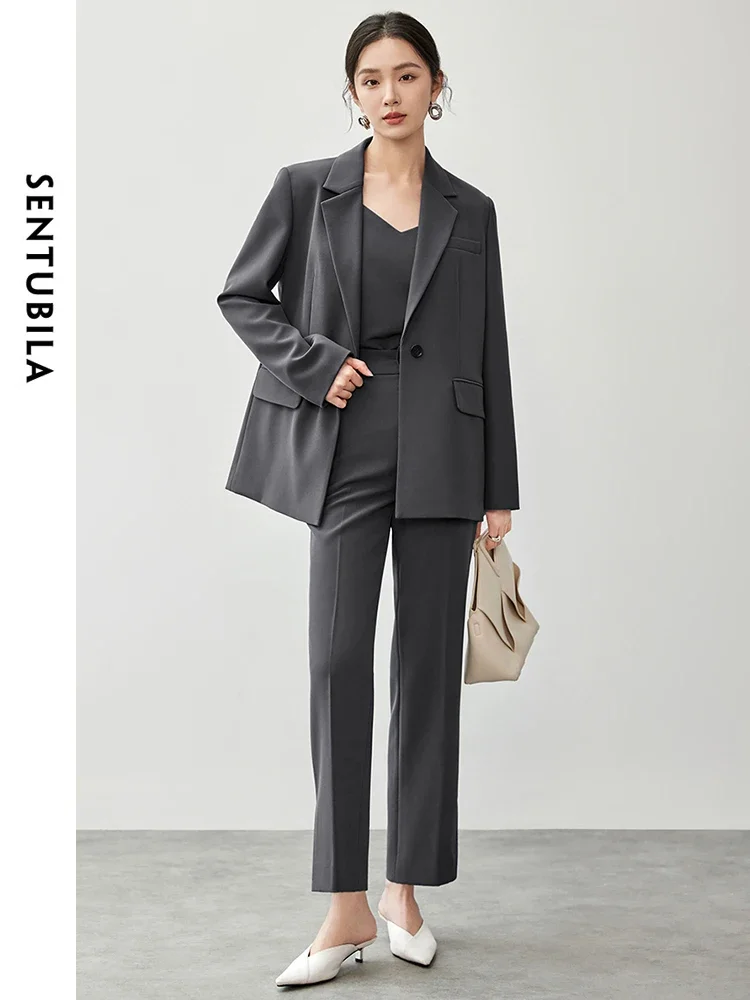 SENTUBILA 3 Piece Set Women 2024 Autumn Basic Vest Texture Single Button Blazer Straight Ankle-length Pants New Set 143Z56460