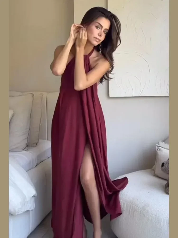 ผู้หญิง High Slit Halter SLIM FIT ชุดแฟชั่นจีบแขนกุดปิดไหล่ Backless Maxi Vestido Beach PARTY Wear