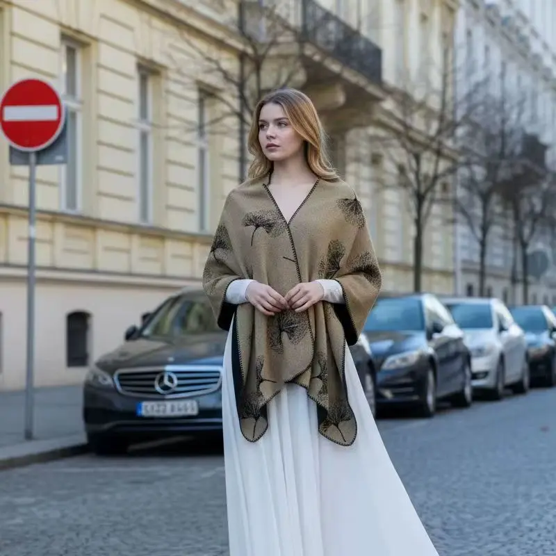 

Новый двусторонний толстый зимний плащ, шарф с цветочным принтом, имитация кашемира, теплый плащ, женское пончо, верхняя одежда, накидки