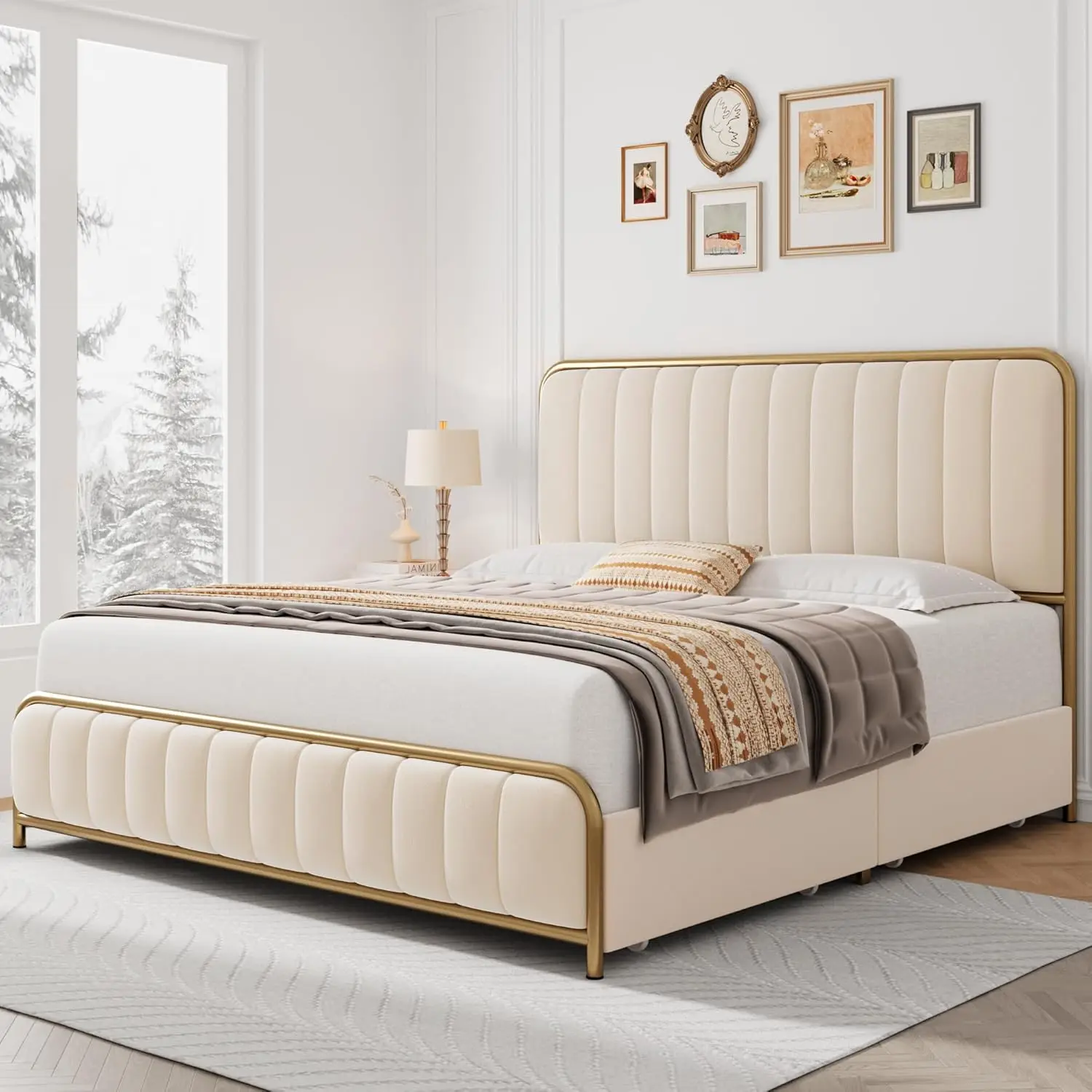 Upholstered Queen Size Bed Frame with 4 Storage Drawers and Headboard, Heavy Duty Metal Mattress Foundation with Wooden S