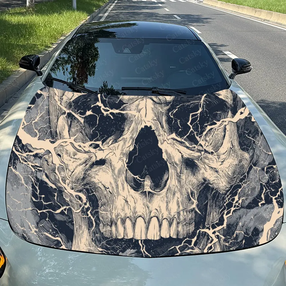 Car Decal Skull with Marbled Texture Element in Dark Gothic Design, Creating a Bold and Artistic Visual Car Hood Sticker, Waterp