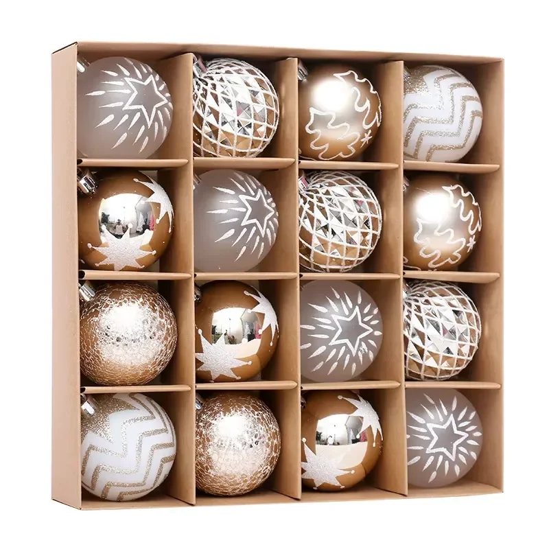 2027 Hot Selling 16pcs/box Gold White Painted Christmas Ball Hanging Ornaments for Xmas Tree Home Party Decorations