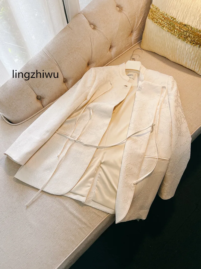 lingzhiwu Chinese Style Coat Stand Collar White Blazer Outerwear Female Spring Autumn Design Outwear New Arrive