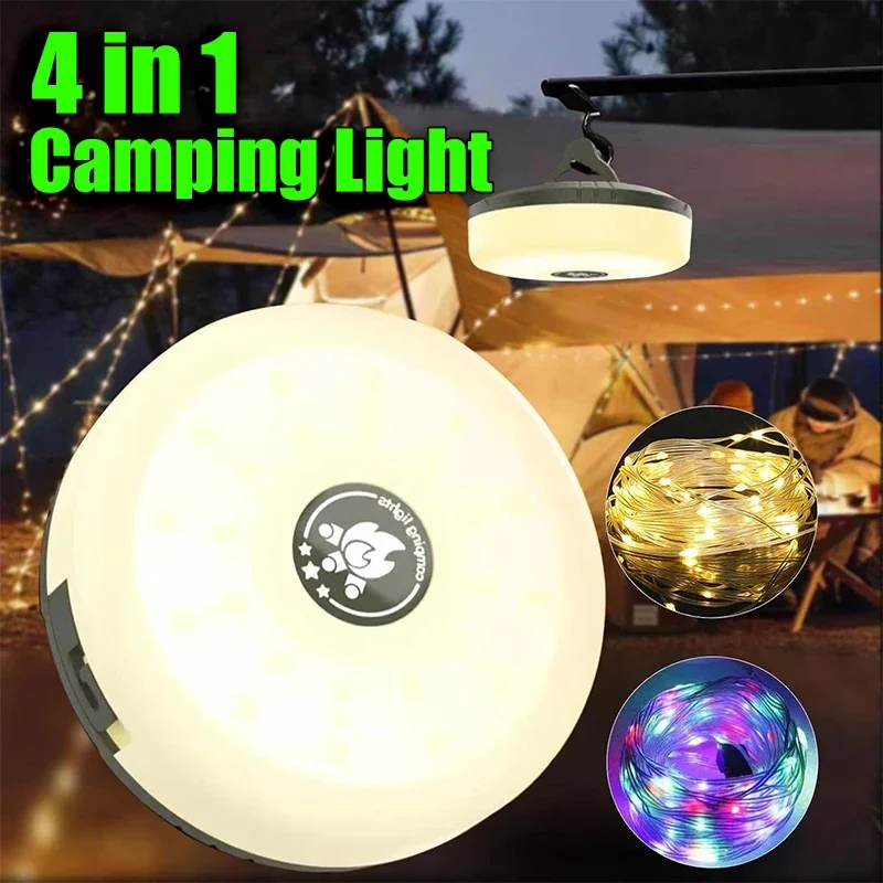 Camping String Lights Rechargeable LED Flashlight Hook lamp 4 in 1 Design 10m RGB Atmosphere Light Outdoor Waterproof Tent Light