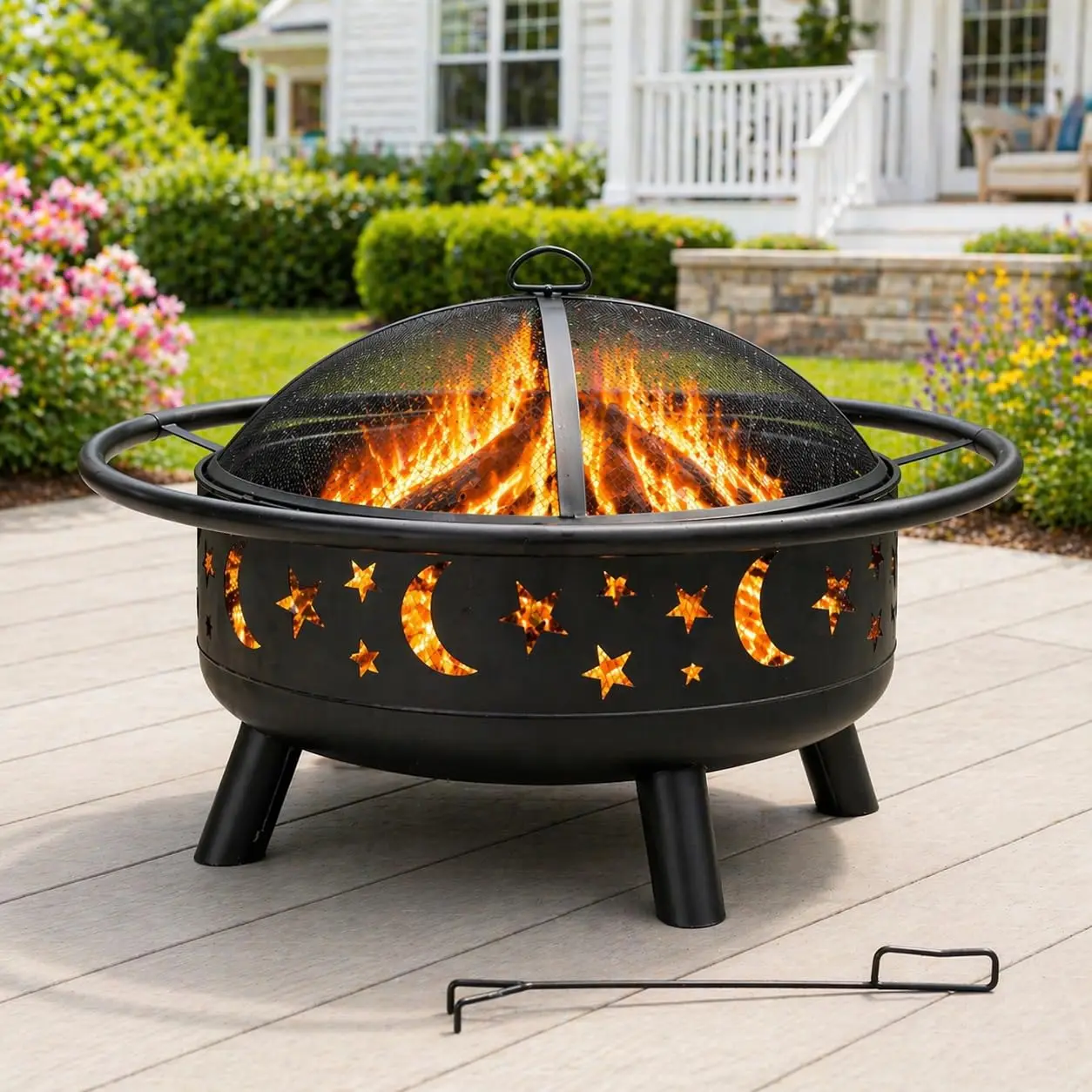 38-Inch Round Wood-Burning Fire Pit with Mesh Cover and Poker