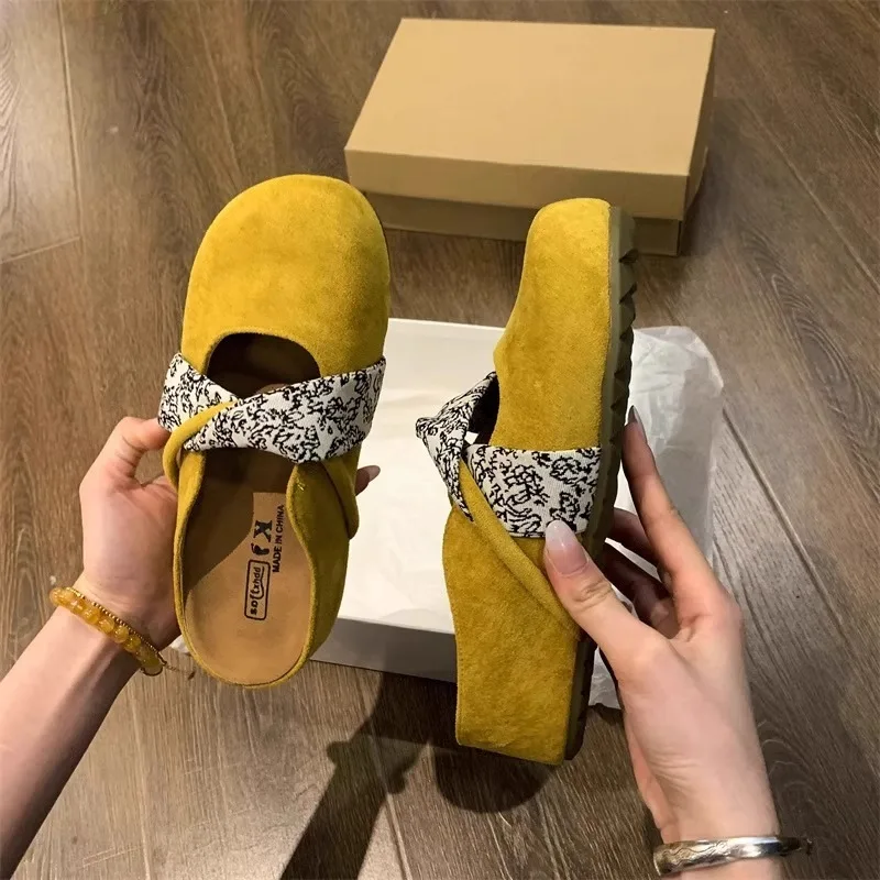 

French Style Soft Bottom Slippers Comfortable Velvet Head Half Slippers New Floral Color Block Women's Shoes Soft Bottom