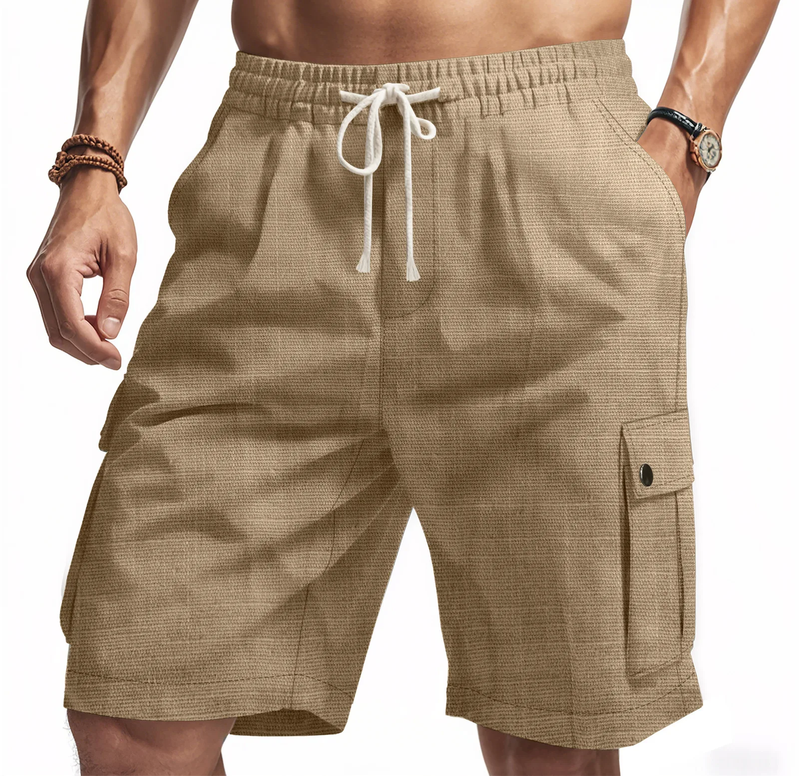

Men's Summer Cargo Shorts, Cotton Linen Drawstring Elastic Waist Side Pockets Loose Breathable Casual Beach Walking Short Pants.