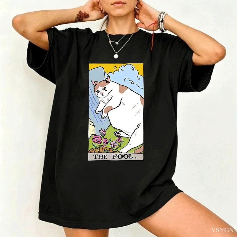 Sad Cat Meme The Fool Tarot T-Shirt Men Women Witchy Clothing Crying Cat T Shirt Casual Oversized T-shirts Streetwear Clothing