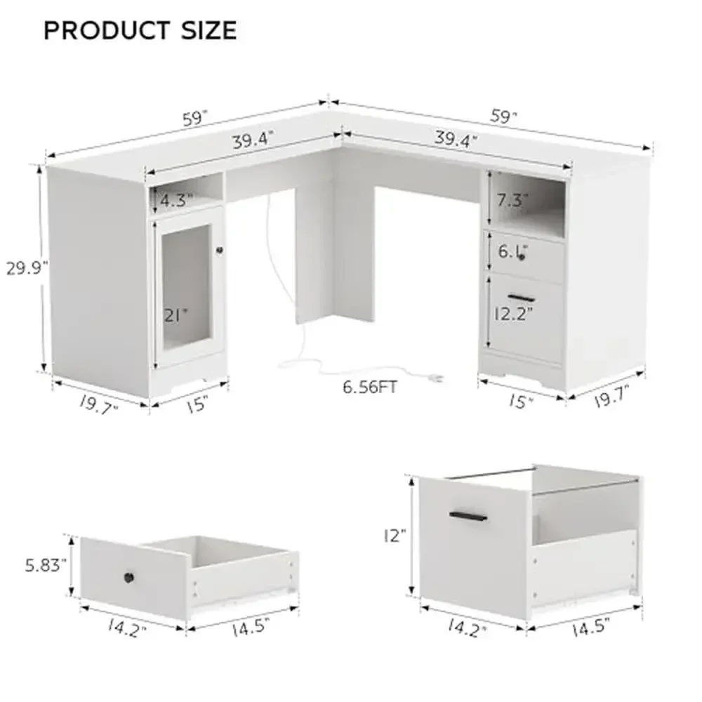 L-Shaped Desk with File Cabinet & Storage Drawers Home Office Table with Power Outlets Vintage Style Executive Desk White Wood