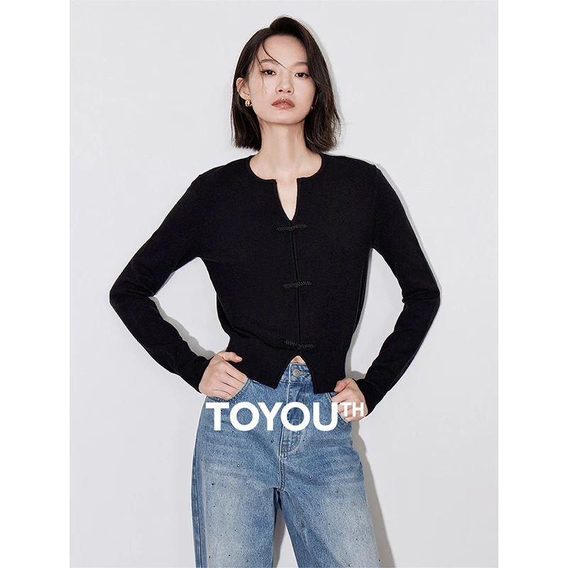 TOYOUTH Women Knitwear 2024 Autumn New Chinese Style Knot Button Slim Fit Pullover Tops