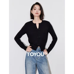 TOYOUTH Women Knitwear 2024 Autumn New Chinese Style Knot Button Slim Fit Pullover Tops