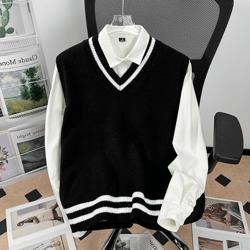 Japanese Preppy Knit Vest Set Men's Autumn Loose Couple Outfit