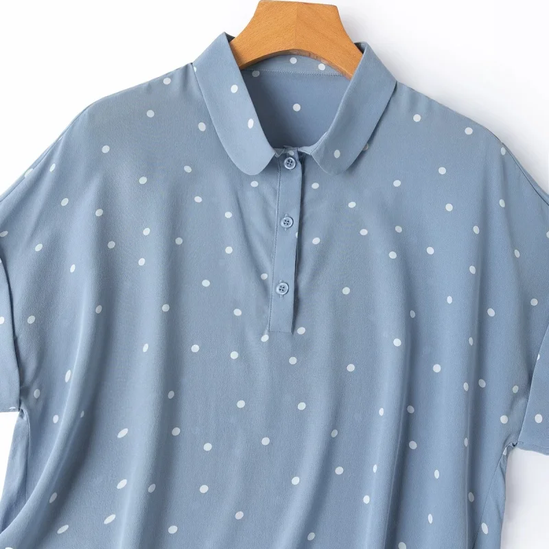 Birdtree, 100% Silk Dot Print Blouse, Polo-neck Short Sleeve Shirt, Women Sand Wash Double Crepe Tops, 2026 Summer New T64042JF