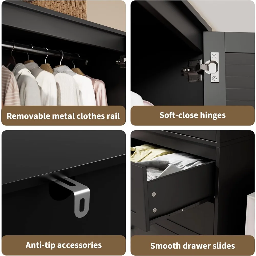 Armadio moderno in legno con 3 cassetti, 2 ante, per appendere abiti, armadio alto da terra