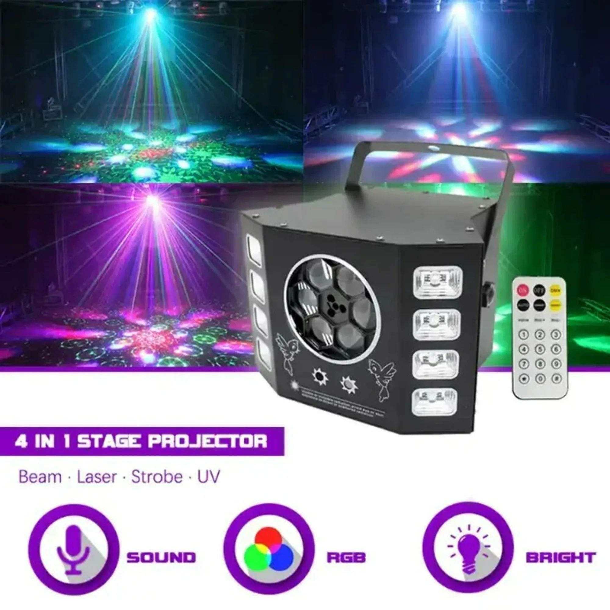 DJ Laser Stage Light 4in1 UV Strobe Laser Pattern Bee Eyes Effect DMX512 LED Light Disco Party Club Bar Stage Event Show