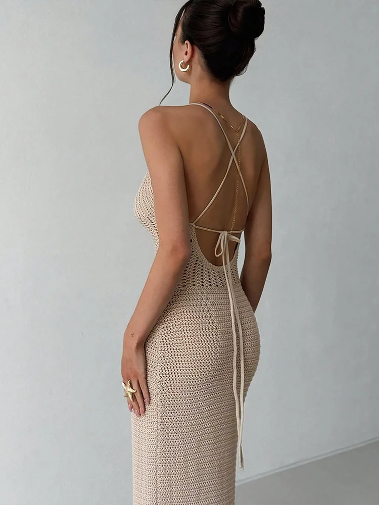 Nibber Patchwork szydełkowa elegancka sukienka Maxi damska głęboki dekolt koraliki krzyżowe wiązanie Backless wakacje styl plażowy Skinny Vestidos