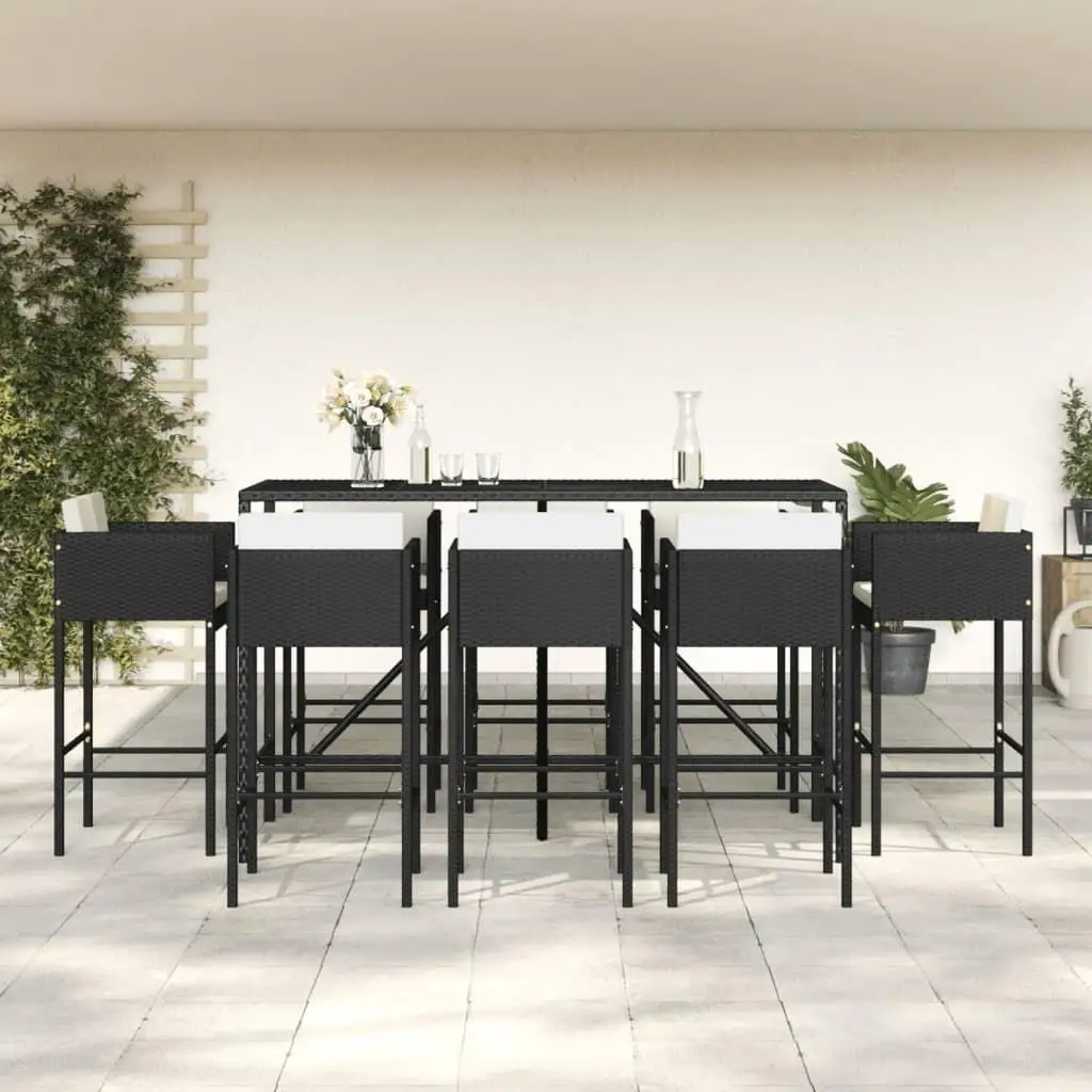 9-Piece Black Poly Rattan Garden Bar Set with Cushions - Stylish Outdoor Furniture