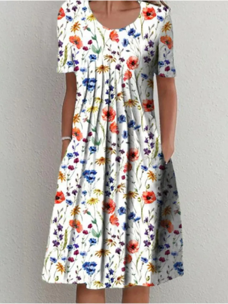 

Spring Summer New Women's A-line Skirt Multi Colored Multi Size Fashionable Floral Print Round Neck Short Sleeved Dress