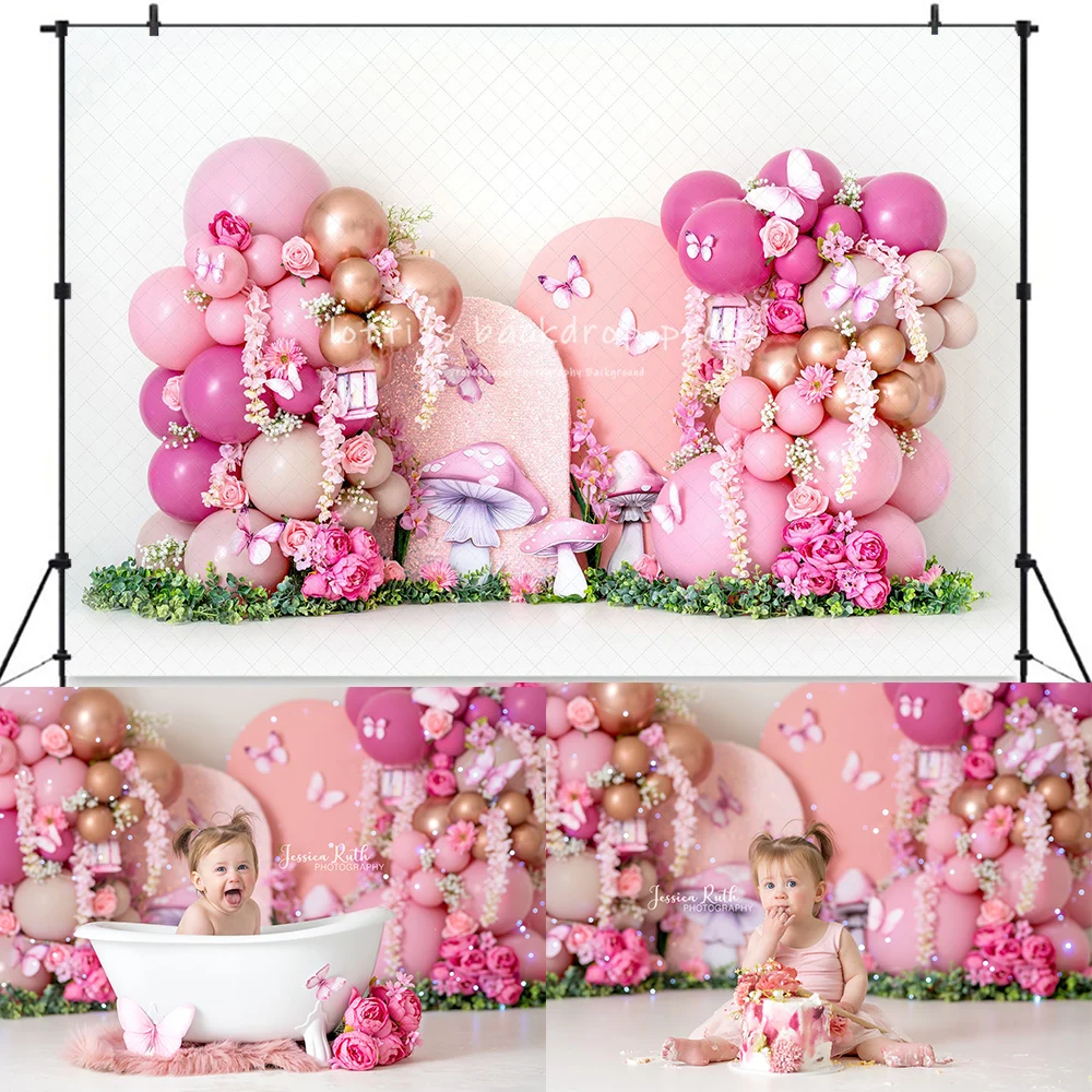 Pink Fairy Balloons Backdrops Kids Girl Photography Child Baby Birthday Cake Smash Photocall Decors Butterfly Floral Backgrounds