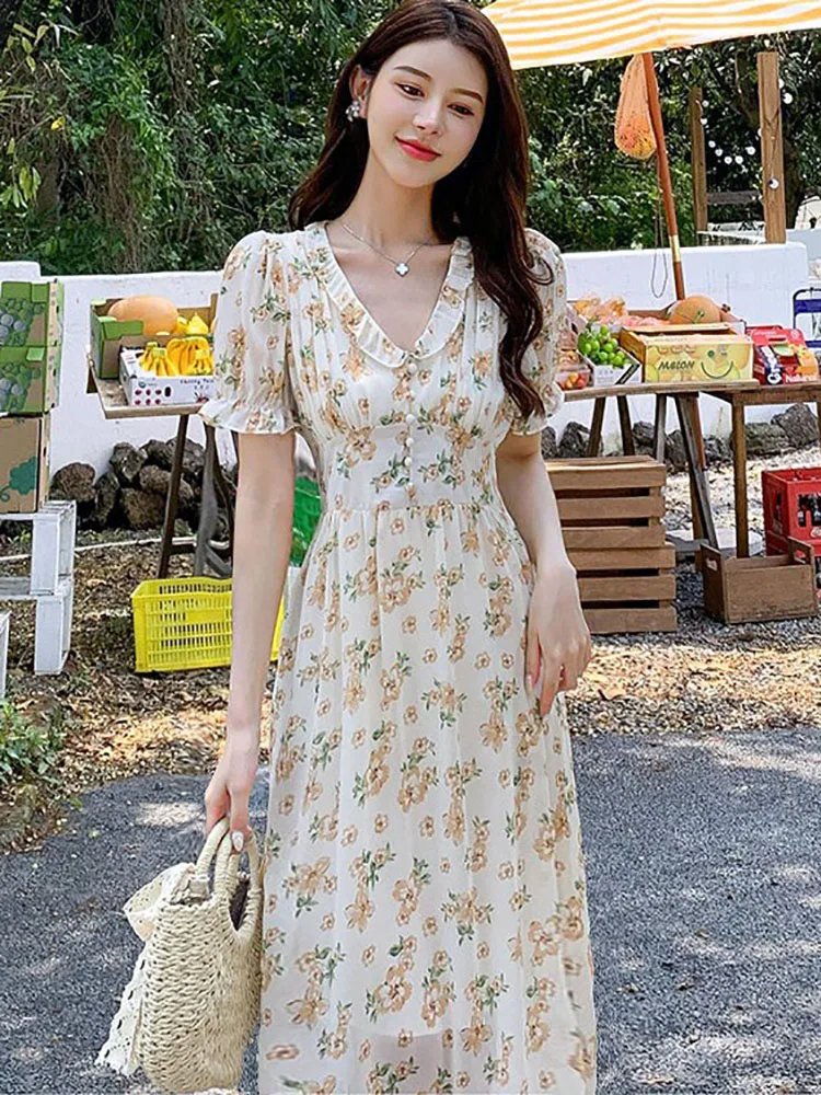 2025 Boho floreale chiffon manica a sbuffo increspato scollo a V abito longuette estate casual vestito da festa donna moda coreana abiti eleganti