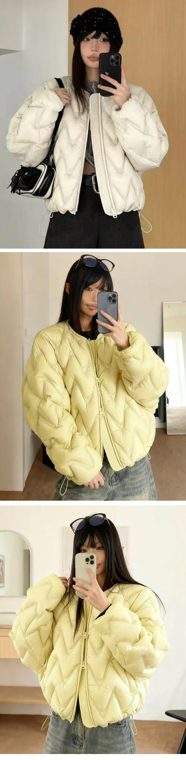 Janveny 2026 New Autumn Winter Lightweight Wave Quilted Puffer Jacket Women Loose Round Neck Short White Duck Down Coat Outwear