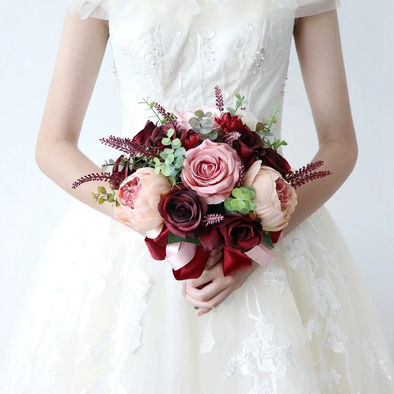 Burgundy Dusty Pink Rose Bouquet - Champagne Blush Blooming Peony With Eucalyptus Real Perfect Bridal Wedding Flowers