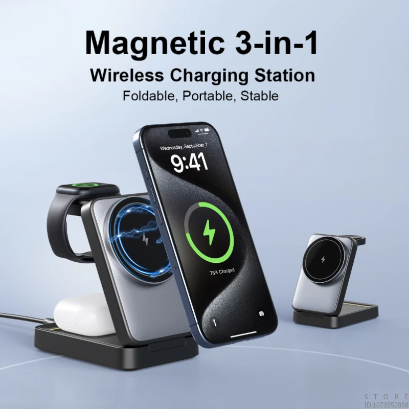 Foldable Magnetic 3-in-1 Wireless Charger with Night Light, Fast Charging for IPhone 16/15/14 Pro Max, AirPods, and IWatch