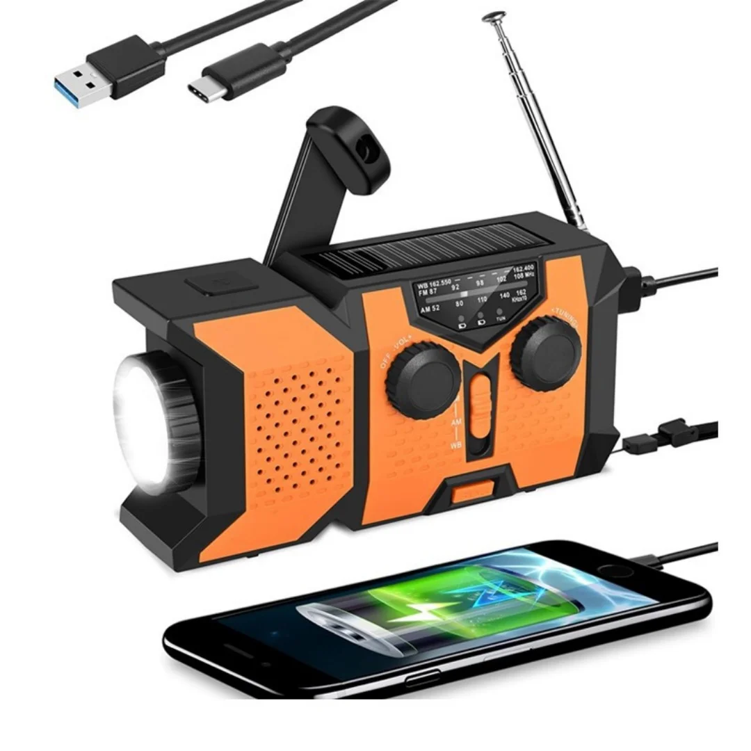 Vitality Orange Radio multifuncional con manivela, Banco de energía de emergencia para prevención de desastres, alarma SOS, Radio alimentada por energía Solar
