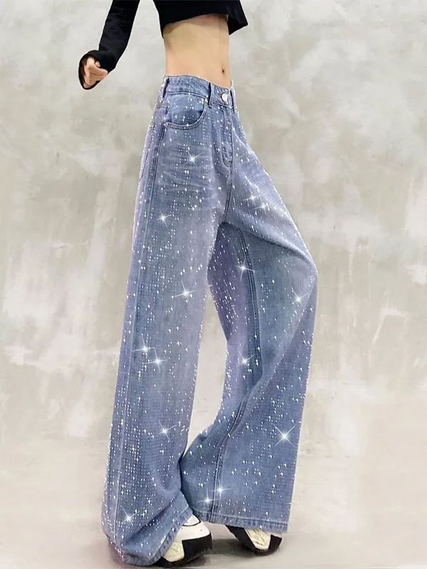 

iny Rhinestone Decorated Casual Denim Jeans High Waist Women's Spring New Sle Versatile Loose Slimming Straight Leg Pants