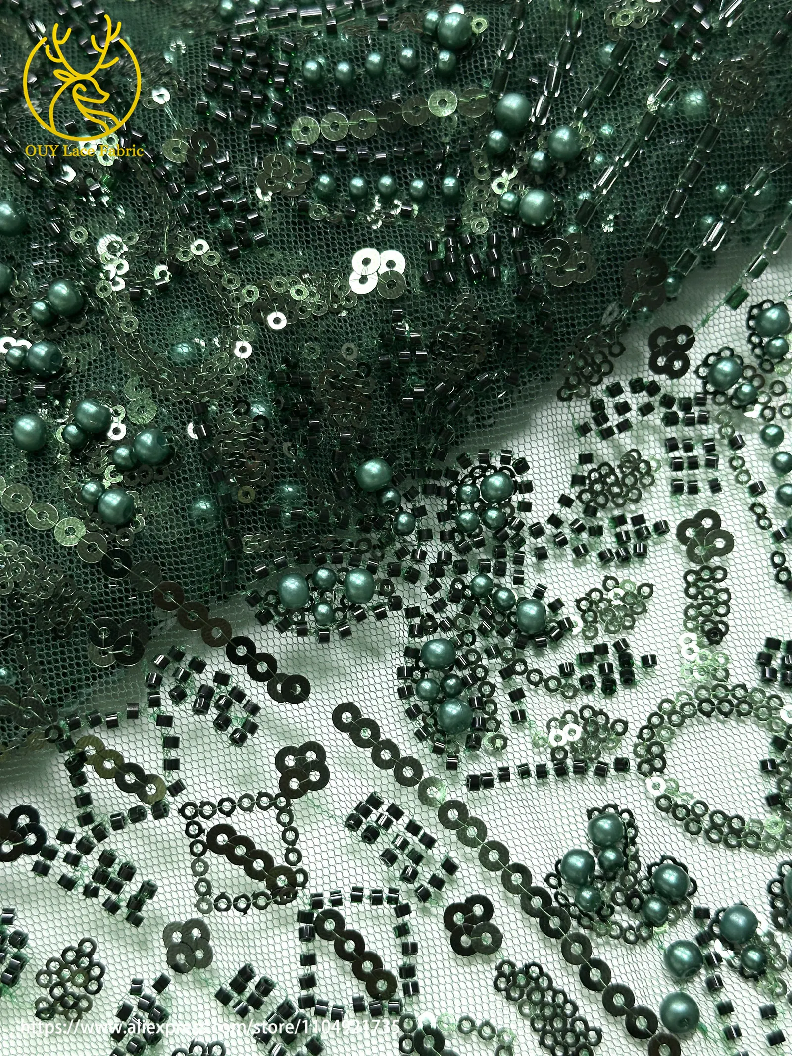Grüner luxuriöser afrikanischer Perlen-Spitzenstoff 2026, hochwertiger nigerianischer französischer Pailletten-Spitzenstoff, ideal zum Nähen von Abendkleidern – Detail 9