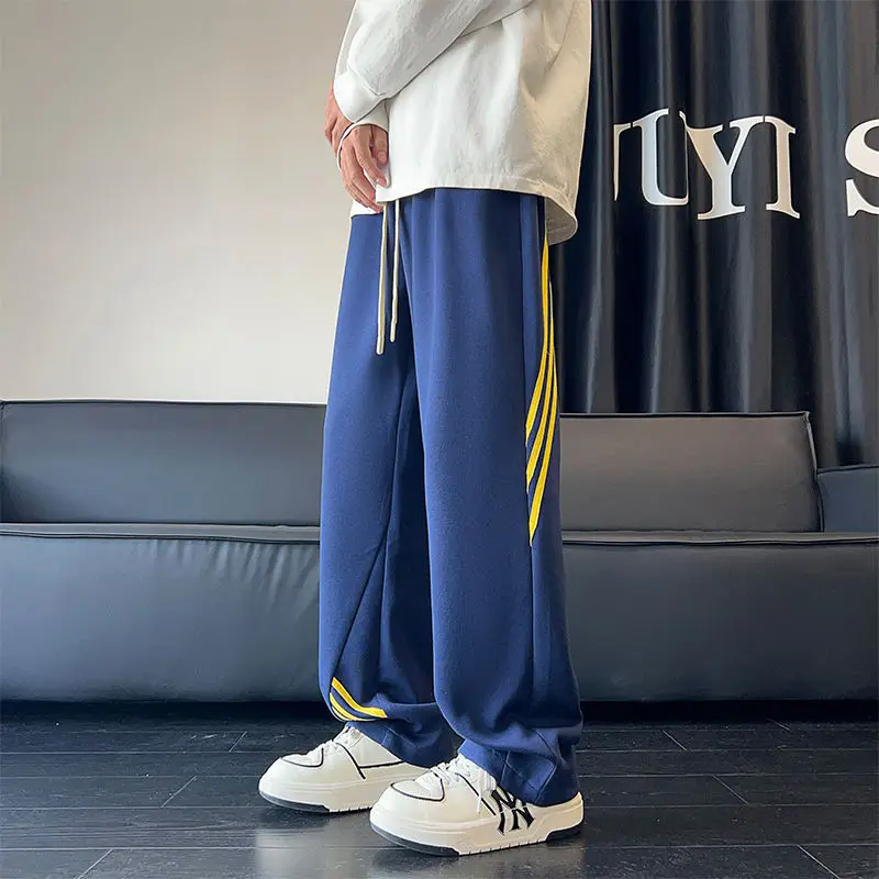 

Мужские повседневные брюки в полоску в американском стиле в стиле пэчворк, свободные прямые спортивные штаны, модные спортивные брюки