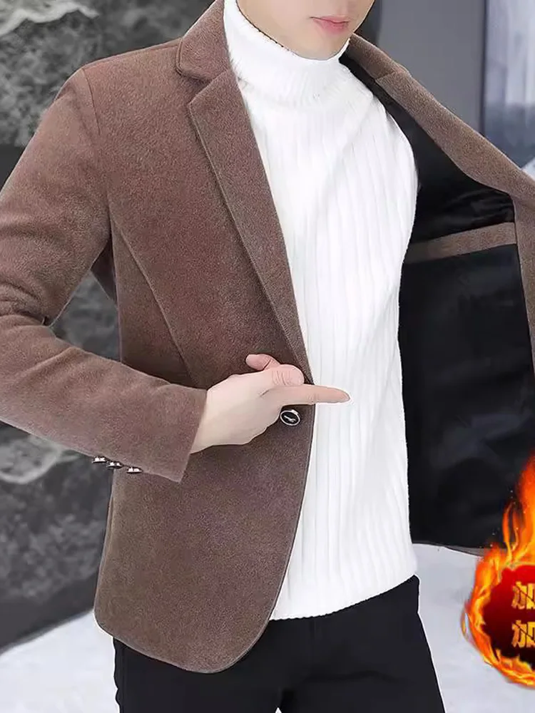 

Мужской утепленный шерстяной пиджак на осень-зиму, повседневный однобортный пиджак, деловой, для отдыха, однотонный, в западном стиле, укороченный, малого размера