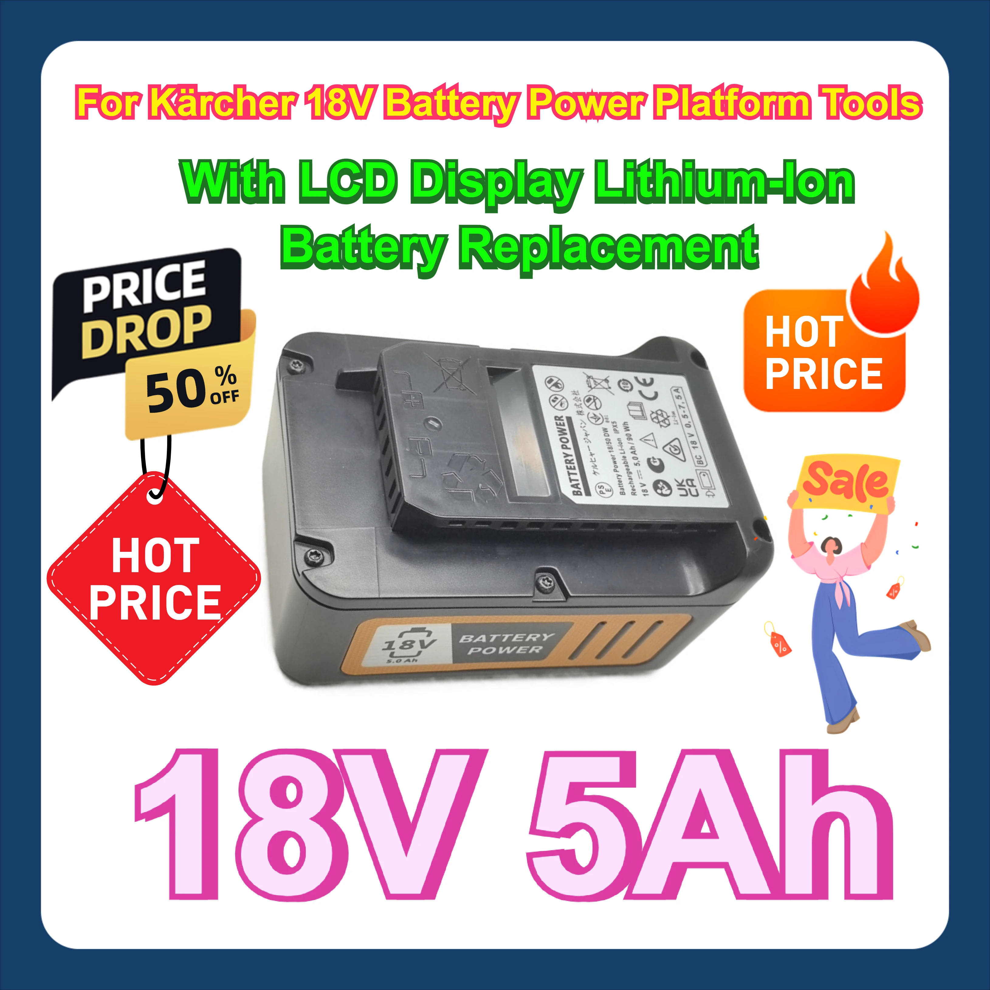 

For Kärcher 18V Battery Power Platform Tools 24450350 with LCD Display 18V 5Ah Lithium-Ion Battery Replacement