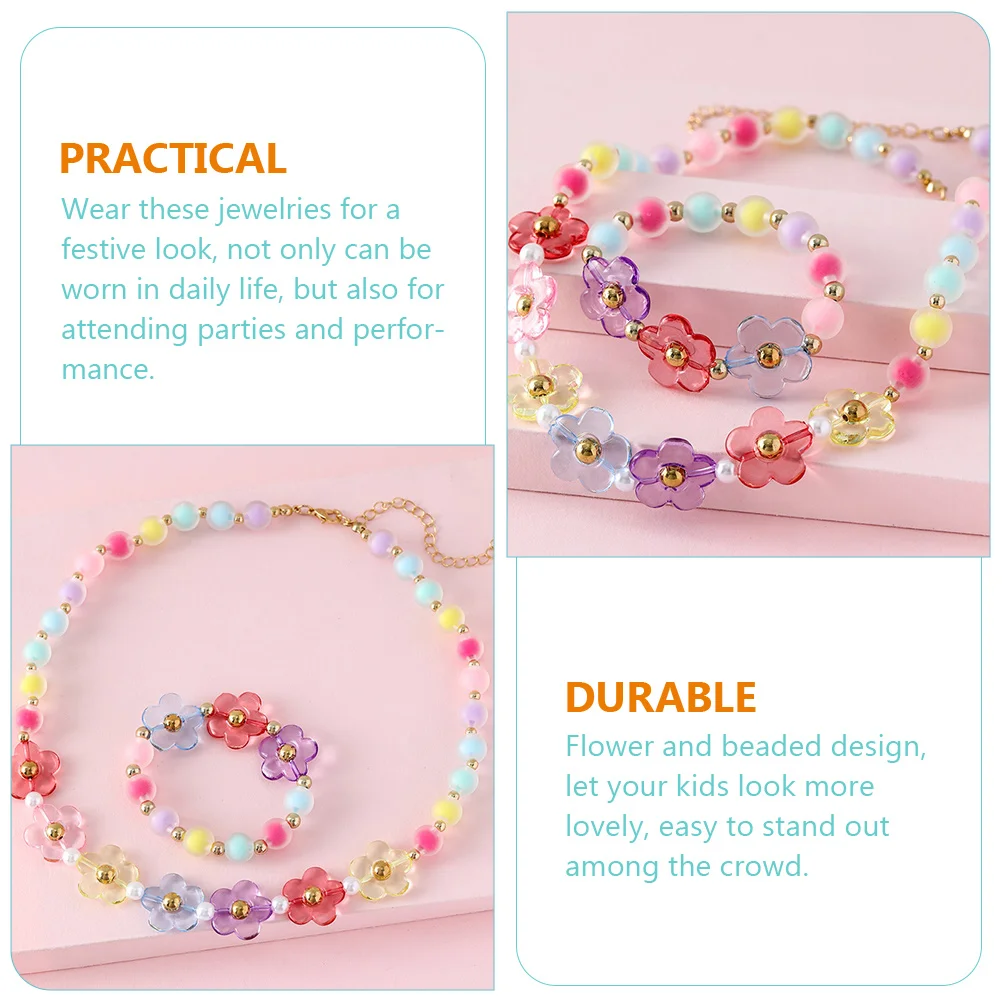 Colar e pulseira infantil com contas, Pulseira de pérolas, colares de flores acrílicas, meninas