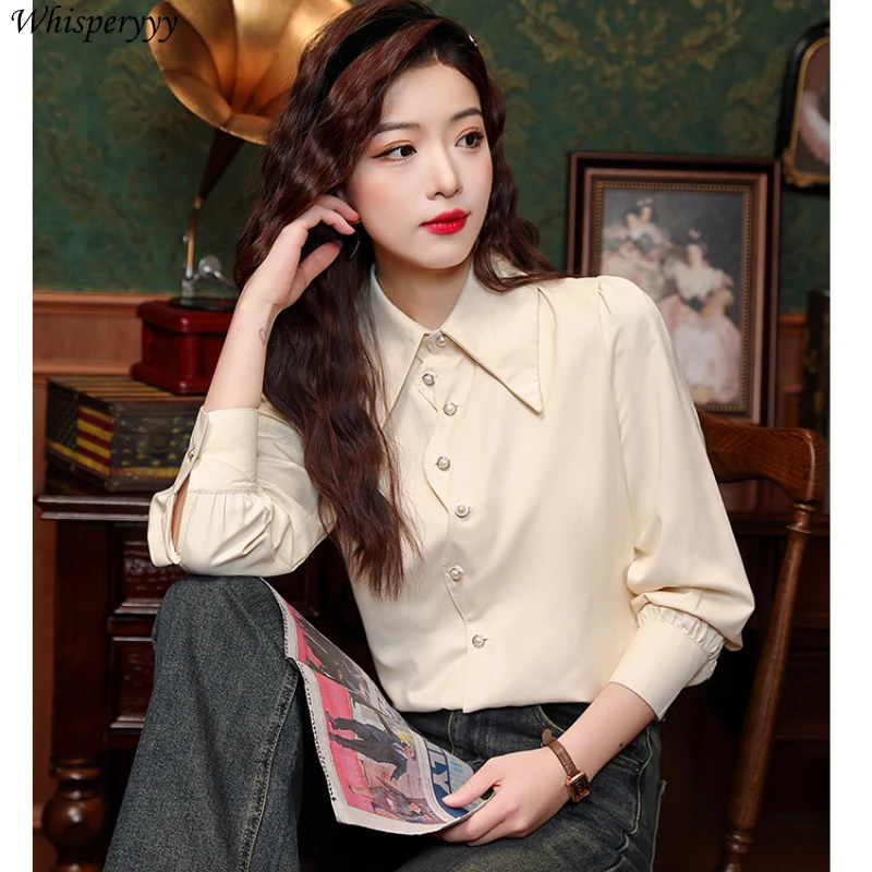 Long-sleeved Shirt Women's Fashion Button Tops Spring Autumn Vinatge Solid Color Blouse Femmes Turn-down Collar Casual Camisas