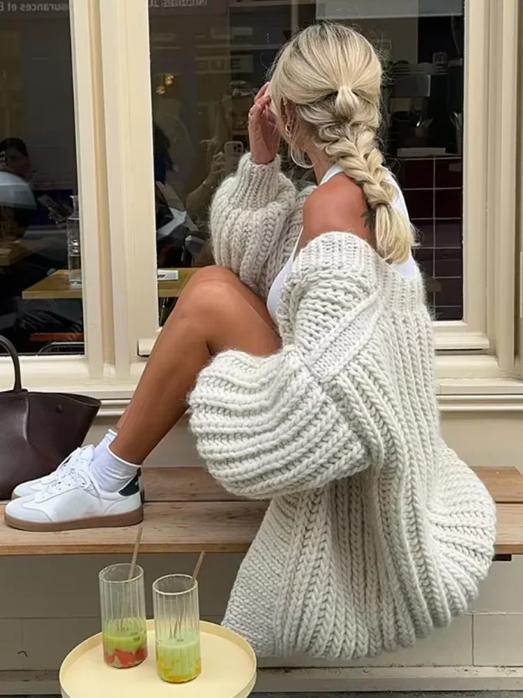 Elegant Ribbed Coarse Needle Knitted Cardigan Women Casual Oversize V-neck Long Sleeve Sweater 2024 Autumn Lady Commute Tops