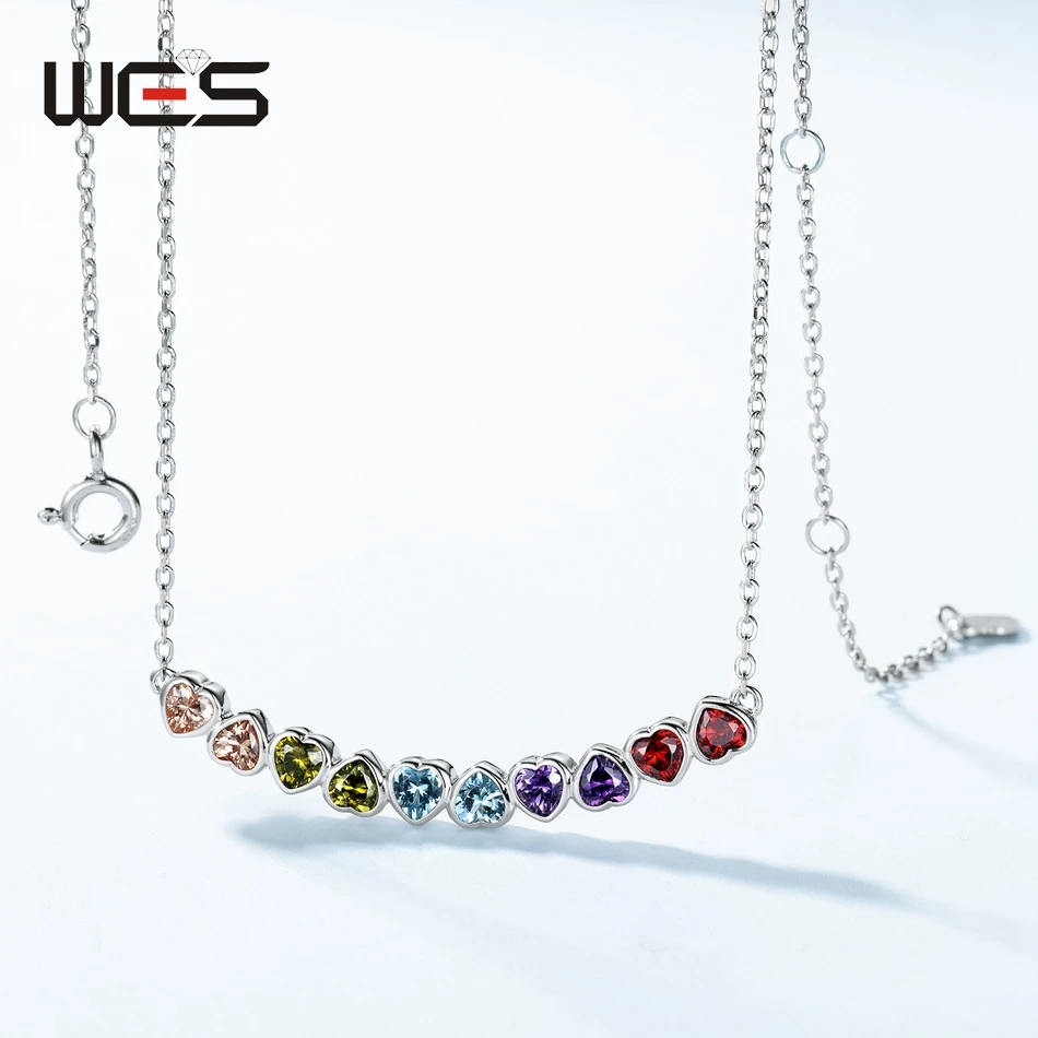 WES 925 Sterling Silver Necklace for Woman Lovely Heart Valentine's Day Gift Colorful Rainbow CZ Zicron Wholesale Jewelry