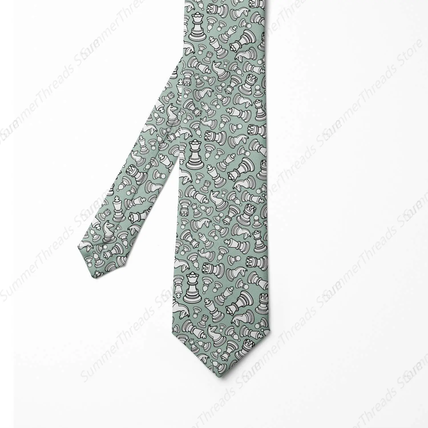 Men's Tie, Chess Pieces King Queen Green and White Ties