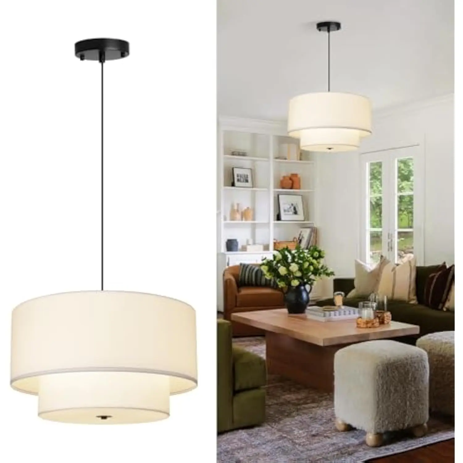 

18 Drum Fabric Pendant Light, Large Modern Hanging Ceiling Chandelier Fixture with Dual Layer Fabric Shade, Ideal for Dining Ro