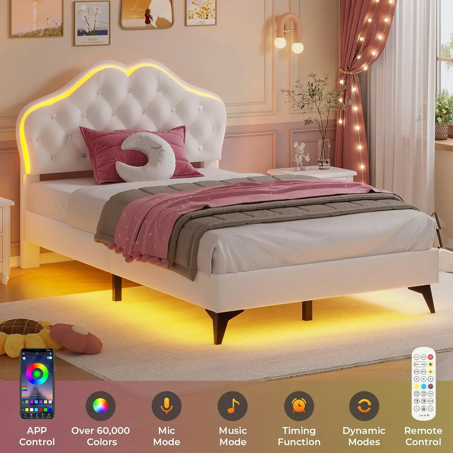 Estrutura de cama de solteiro com luzes LED, estrutura de cama de princesa com cabeceira de botão de cristal ajustável, cama de plataforma estofada para meninas