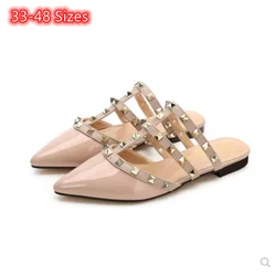 Lady Rivets Straps Slippers Pointy Toe Fashinable Shoes Daily Spongy Flats Shiny Matte Hand Made Promotion Slides 48 3 Beige Red