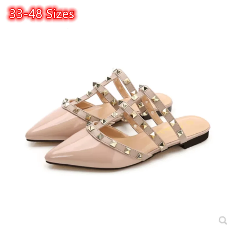 Lady Rivets Straps Slippers Pointy Toe Fashinable Shoes Daily Spongy Flats Shiny Matte Hand Made Promotion Slides 48 3 Beige Red