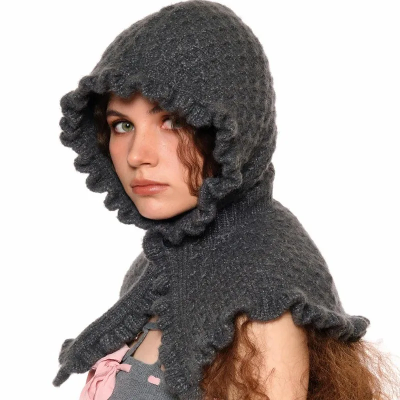 Korean Ins Winter Warm Knitted Balaclava Hat Niche Fashion Versatile Hat and Scarf All in One Pullover Bomber Hats for Women's