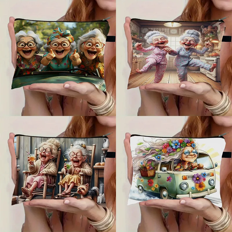 Retro old lady printed gift bag, double-sided printed coin purse, large-capacity makeup bag, travel storage bag, toiletry bag