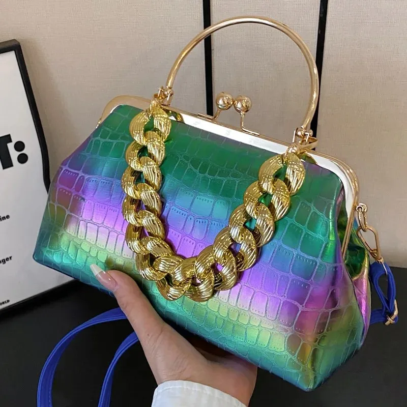 2024 Luxury Women\'s Chain Shoulder Bags Gold PU Leather Stone Pattern Shell Clip Designer Handbag And Purse Party Wedding Clutch