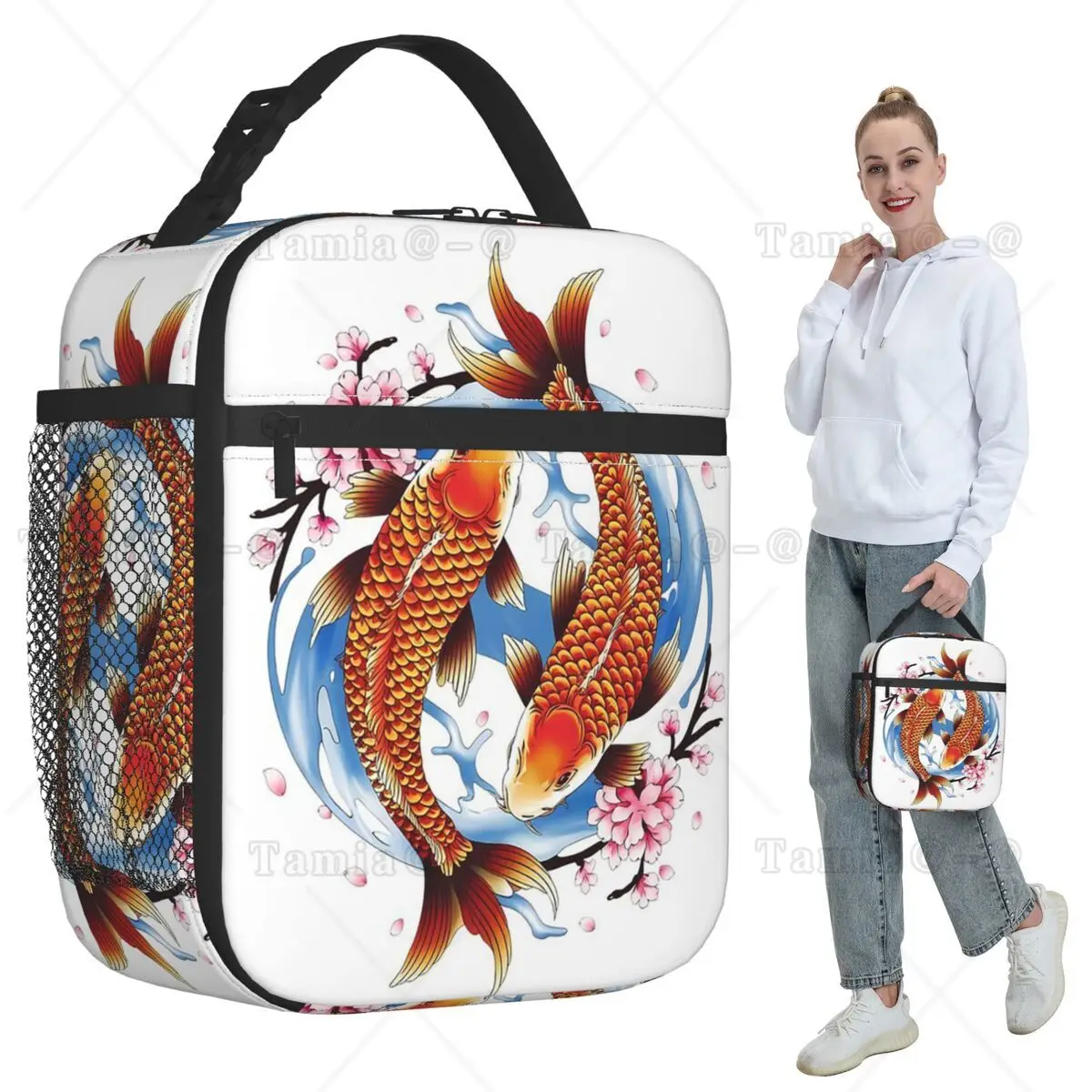 Koi Fish And Flowers Sakura Insulated Lunch Bag for Women Office Cooler Thermal Food Box Tote Portable Lunch Boxes Container